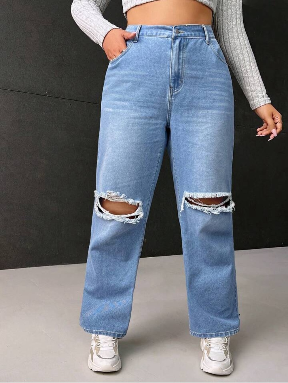 High-Waist Light Blue Ripped Straight Jeans - Women